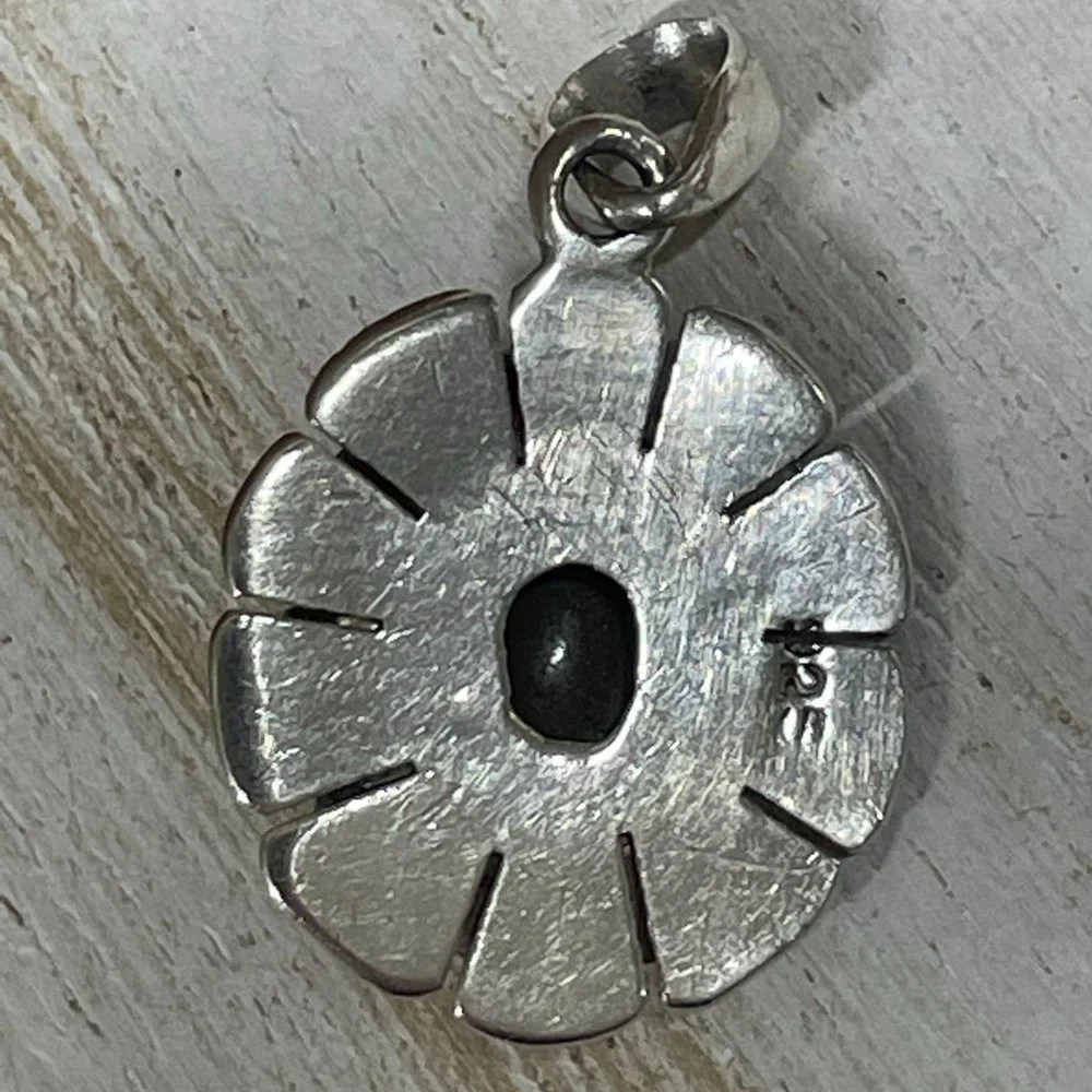VINTAGE STERLING SILVER DOUBLE FLOWER BEZEL FRAME TIGERS EYE CABOCHON PENDANT - Picture 2 of 4